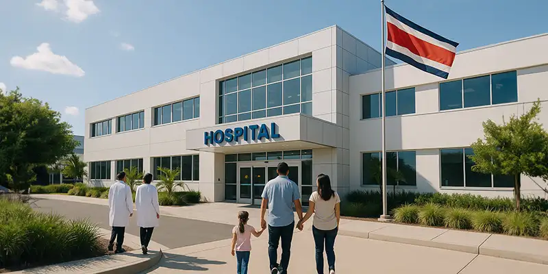 Hospital moderno en Costa Rica con bandera nacional, personal médico y una familia ingresando con confianza
