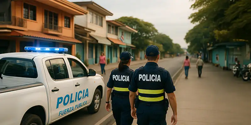 Policías de la Fuerza Pública patrullando una calle tranquila en Costa Rica